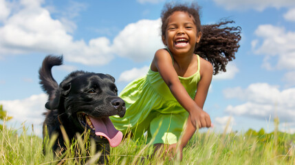 Happy girl running with dog in the park