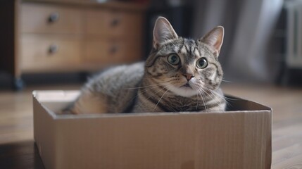 Grey tabby cat sitting inside a cardboard box on the floor.