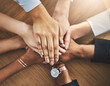 © peopleimages.com - Office, group and holding hands in meeting, business and agreement of merger of company and unity. Thank you, support, deal and coalition for politics in Germany, government and partnership of people