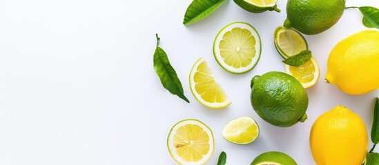 Fresh organic yellow lemon lime fruit with slice and green leaves on white background. Top view with space for text.