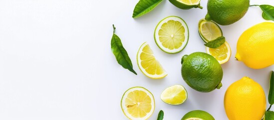 Sticker - Fresh organic yellow lemon lime fruit with slice and green leaves on white background. Top view with space for text.