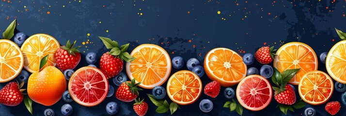 Wall Mural - Abstract Fruit Background With Oranges, Raspberries, and Blueberries