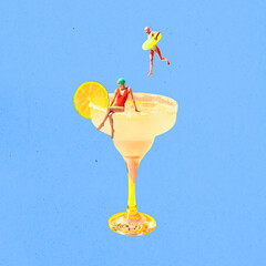 Young girls in retro swimsuits interacting with sweet and sour Margarita cocktail against blue background. Chilling vibes. Contemporary art collage. Concept of summer, vacation, relaxation, surrealism