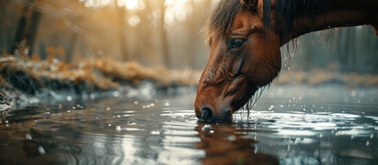 Beautiful brown horse drinking water from a stream in a peaceful forest at sunset. Concept of nature, wildlife, and tranquility.