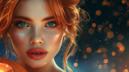 Wall Mural - Portrait of a young woman with red hair adorned with glitter, against a background of sparkling lights. Night light.
