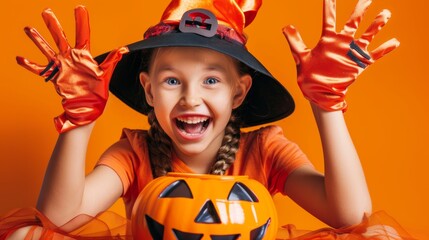 Wall Mural - A young girl in a witch costume, laughing joyfully, with bright orange gloves and a matching hat, against an orange background