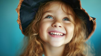 Wall Mural - A young girl with a wide smile, wearing a witch hat, expressing joy and excitement, against a blue background