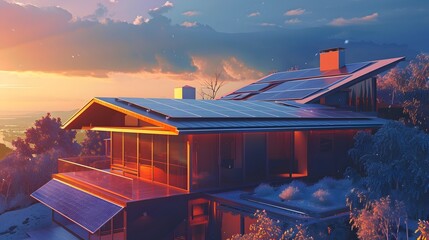 Wall Mural - Modern sustainable home with solar panels on roof at sunset, showcasing renewable energy and eco-friendly living. Concept of green energy, sustainability, and environmental consciousness.