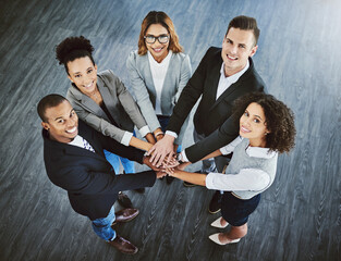 Sticker - Huddle, teamwork and above portrait of business people for about us, collaboration and solidarity in office. Corporate, diversity and top view of men and women for support, community and coworking