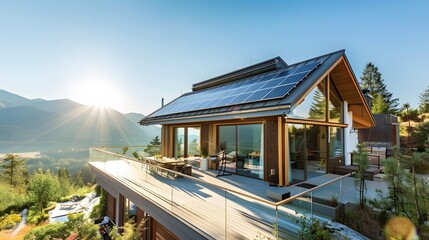 Wall Mural - Modern sustainable home with solar panels on roof, overlooking scenic mountain view, sustainable living and renewable energy concept