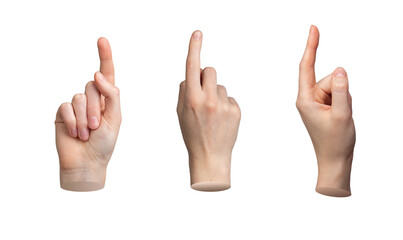 Wall Mural - Hand gesture, pointing indicating sign from different views. Pointer isolated on white background, set., transparent PNG cutout