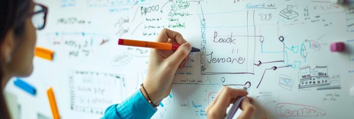 Aufkleber - Close-up of a woman writing on a whiteboard with colorful notes during a brainstorming session. Business planning and creative teamwork concept