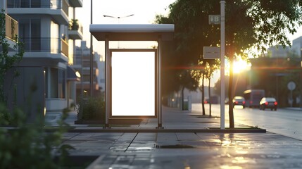 Wall Mural - Blank billboard at a bus stop in a modern city environment at sunset, perfect for advertisement mockup. Cityscape, transportation, urban, commuting.