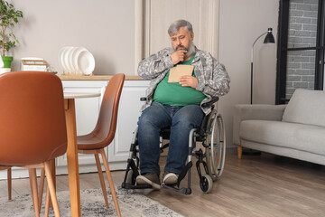 Poster - Portrait of sad senior veteran in wheelchair with letters at home