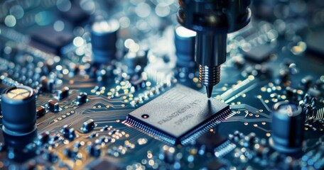 Poster - Close-up of a microchip being assembled by an advanced robotic arm in a technological manufacturing process