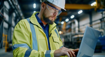 Poster - Industrial engineer working on laptop in factory wearing safety gear and hard hat