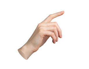 Wall Mural - Hand pointing gesture. Index finger indicating, isolated on white background. Tap, touch sign, invisible virtual interaction. Reach outstretched. Communication, press click., transparent PNG cutout