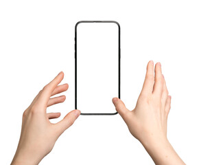 Poster - Hand reaching for phone screen mockup, wanting to grab blank, clear smartphone, cell phone. White background, using app, isolated for promotion.., transparent PNG cutout