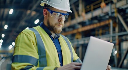Poster - Industrial engineer working on a laptop in a factory wearing safety gear and hard hat