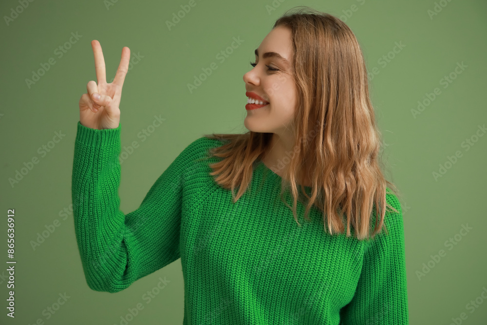 Pretty young woman showing peace gesture on green background