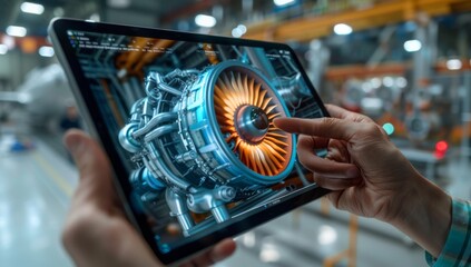 Poster - engineer using ipad pro to visualize detailed 3d rendering of turbojet engine in industrial setting