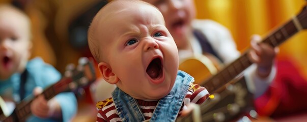 Wall Mural - Group of cute babies enthusiastically singing into microphones, set against a cozy backdrop with guitars. Ideal for playful and musical content.