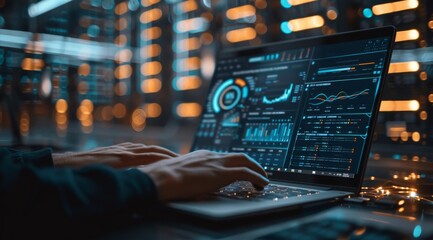 Poster - Close-up of hands typing on a laptop with data analytics and graphs on screen in a futuristic setting