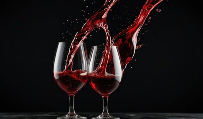 Two glasses of red and white wine with splash reflect one another on dark background, wine splash generative ai