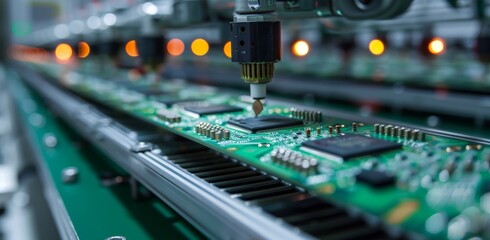 Poster - Close-up shot of an automated production line assembling electronics in a factory setting