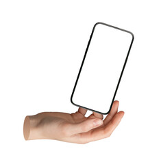 Poster - Phone screen mockup in levitation. Reaching to grab mobile template. Hand holding smartphone, cell phone, digital technology isolated on white background., transparent PNG cutout