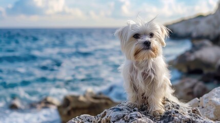 Maltese breed dog seated on a rock with the sea in the backdrop