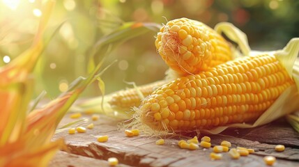 Wall Mural - Close up panoramic banner of a ripe yellow sweet corn cob on a wooden table