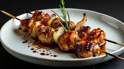 Wall Mural - a plate with chicken skewers on it.