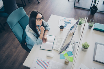 Poster - Photo portrait of pretty girl video call computer make notes wear trendy denim outfit modern workplace success business owner home office