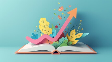 Aufkleber - Open book with a pink arrow and foliage rising from it. Represents growth and creativity in business or education