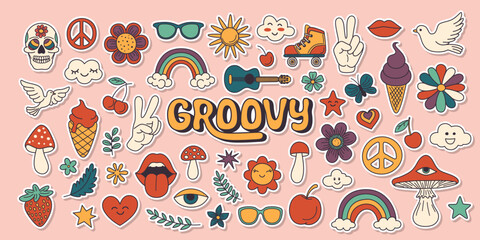 vector vintage groovy icons, design elements for poster, sticker design. retro symbol in hippie 70s 