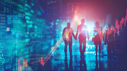 Poster - Silhouettes of business people with digital financial charts and graphs in the background. Concept of financial growth and teamwork