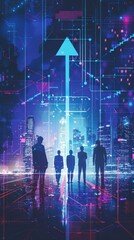 Poster - Silhouettes of business professionals with upward arrows and digital charts. Symbolizing financial growth and analysis