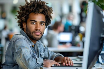 Leinwandbilder - young male designer working on a digital graphic tablet at his desk in a creative agency office.