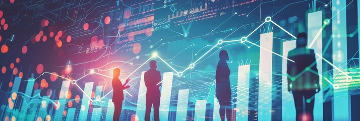 Fototapete - Silhouettes of business people analyzing data charts on a futuristic digital interface background. Modern business strategy and financial growth concept.