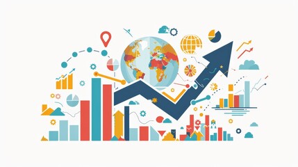 Poster - Colorful infographic featuring global economic data and charts with an upward trend arrow. Global financial growth and data analysis concept