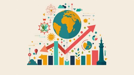 Poster - Illustration of global business icons and upward arrow signifying economic growth. Concept of international business strategy and financial progress