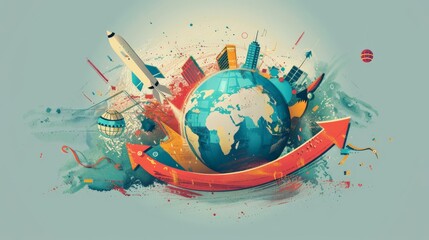 Poster - Creative illustration of a globe with various business icons and buildings surrounding it. Concept of global business growth and international trade