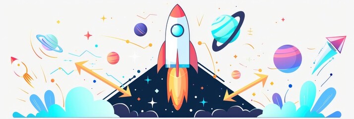 Poster - Futuristic illustration of a rocket launching with planets and arrows signifying growth. Concept of business expansion and exploration