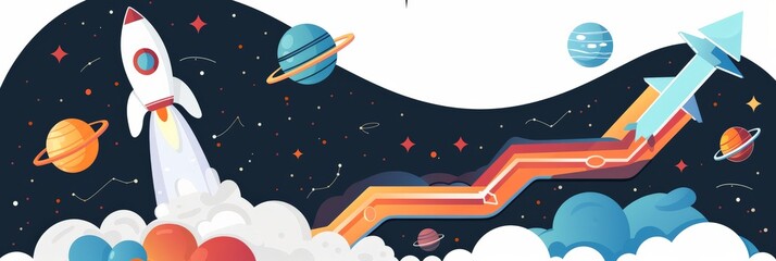 Poster - Illustration of rockets and planets with a zigzag arrow indicating financial growth. Concept of business expansion and technological innovation