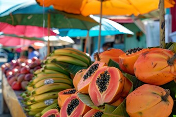 Colorful tropical market stall with exotic papayas, umbrellas, and palm leaves for vacation vibes