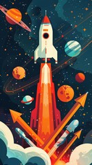 Poster - Retro style rocket launch illustration with planets and stars representing business growth. Concept of progress and reaching new heights