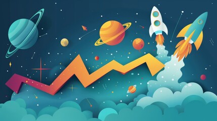 Poster - Rocket launching with arrows and planets depicting business growth and exploration. Concept of business innovation and technological progress