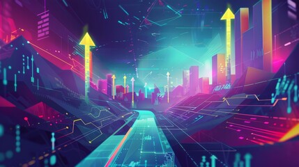 Poster - Colorful digital cityscape with rising arrows and financial growth charts. Vibrant representation of business progress and data analytics. Ideal for financial reports and presentations