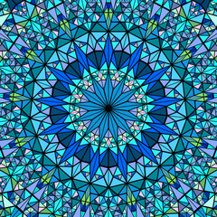 Poster - Polygonal colorful geometrical tiled pattern mosaic mandala background - hypnotic abstract circular vector graphic design from triangle tiles